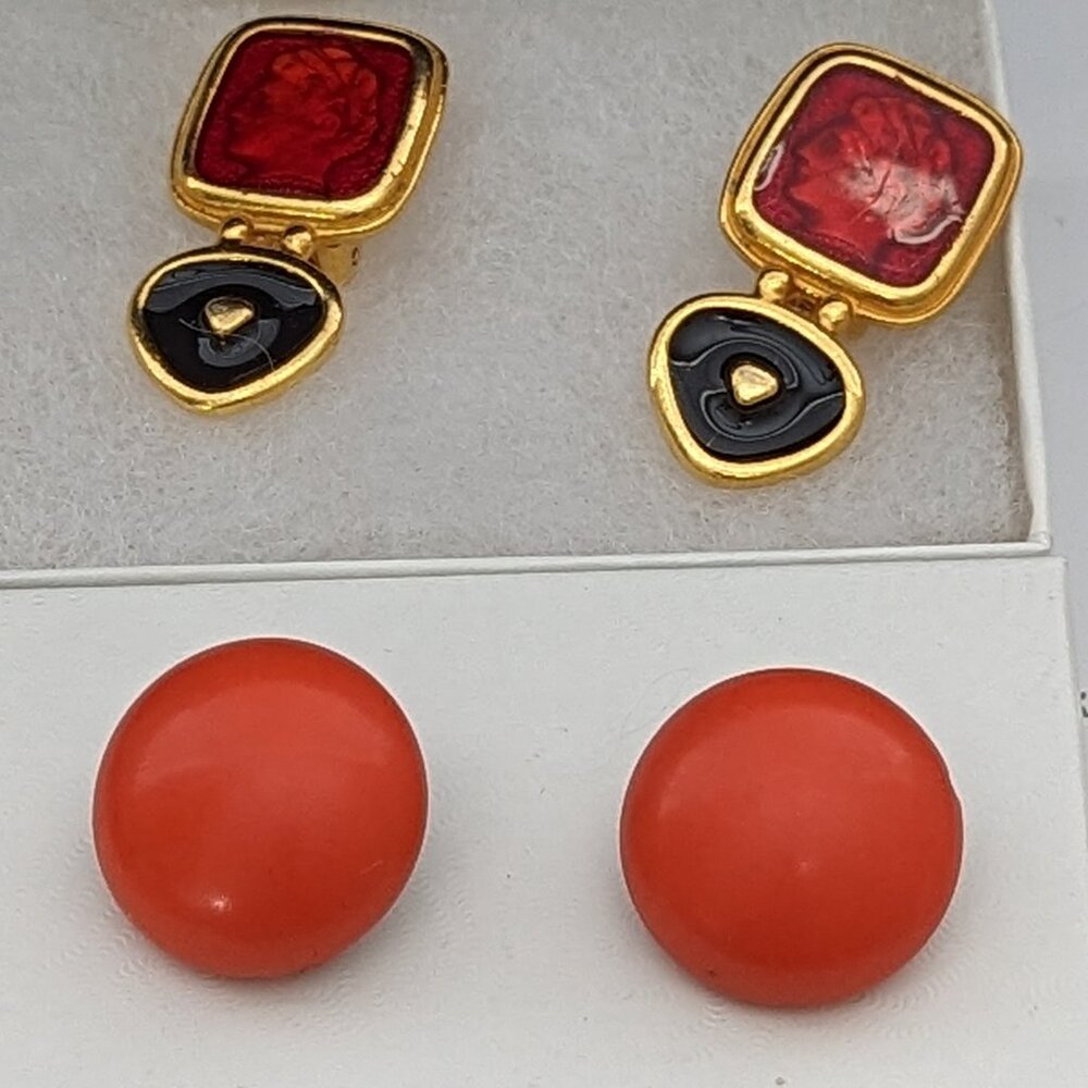 Robert Rose Gold Tone Dangle Earrings Cameo Clip on and Orange Button Clip on